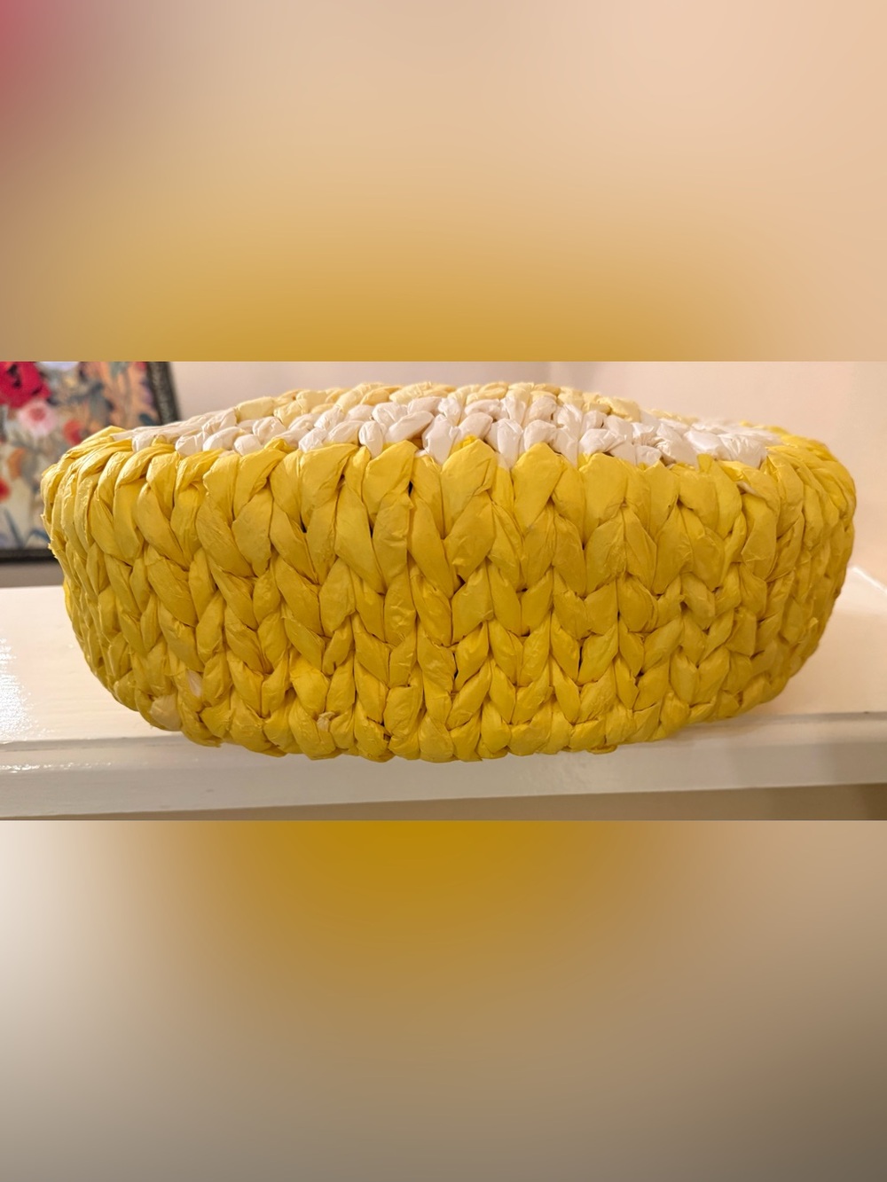 Yellow Braided Half-Moon Lemon Tote Bag with Wooden Handles EUC - Picture 7 of 11